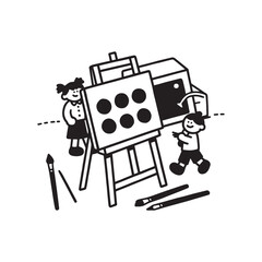  Simple Classroom Computer and Paint Easel Line Art. 