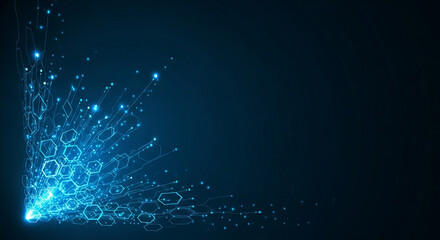 Dynamic glowing digital network connects data points in abstract technological flow