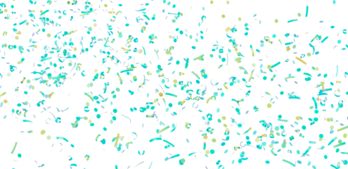 Bright teal and gold confetti falling on white background. Ideal for celebrations, party invitations, and festive designs.