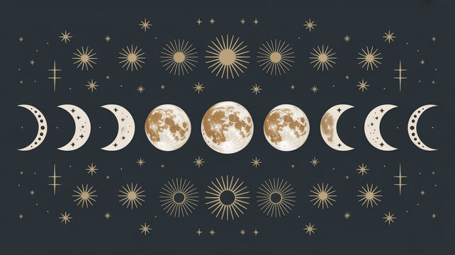Mystical moon phase illustration with stars and suns golden celestial vector design on dark background boho style moon cycle art