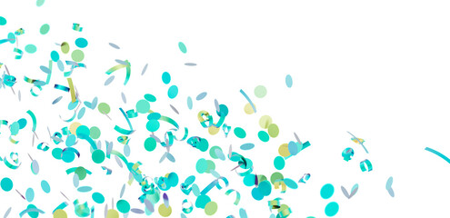 Falling confetti, teal and mint green circles and ribbons. Perfect for celebratory backgrounds.