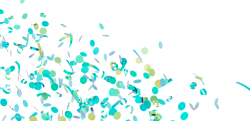Falling confetti, teal and mint green circles and ribbons. Perfect for celebratory backgrounds.