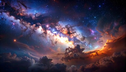 Naklejka premium A vibrant cosmic scene, blending swirling nebulae, clouds, and countless stars in a breathtaking vista, showcasing celestial beauty