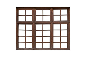 Large brown wooden window frame with multiple sashes is isolated.