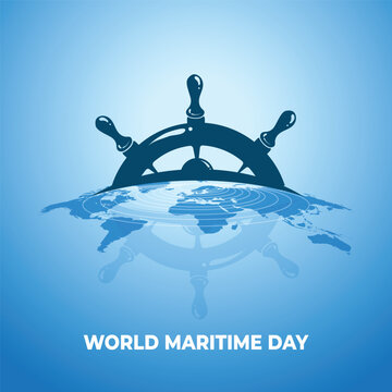 World Maritime Day with World map and Safty Ship Ancor, Steering Symbol  in sea line, Ocean Day, Vector illustration isolated international maritime day icon. 