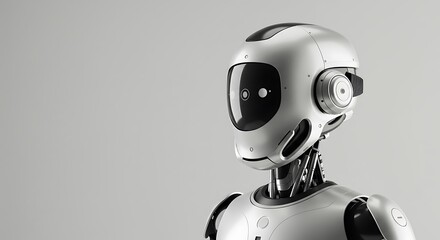 A futuristic, silver robot head and upper torso against a neutral background, looking off to the side.