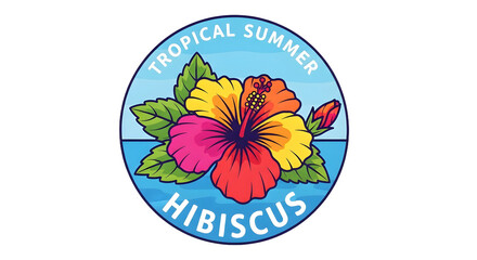 Naklejka premium Vibrant vector hibiscus round logo emblem in a clean flat design, featuring a colorful tropical flower and a summer theme, ideal for labels and branding