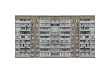 Old prefabricated nine-storey apartment building with balconies is isolated.