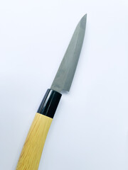 Steel Kitchen Knife Isolated, Big Knife with a Brown Handle on White Background.