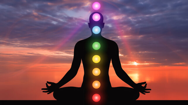 Silhouette of a meditating person with glowing chakra points against a colorful sunset sky, representing spiritual balance and inner peace