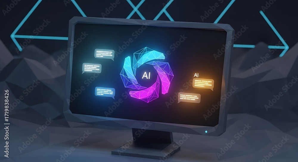 Wall mural futuristic ai communication interface on computer screen with digital chat bubbles and geometric net
