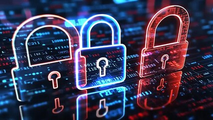 Digital security concept featuring glowing padlocks on a background of binary code and data streams - Powered by Adobe