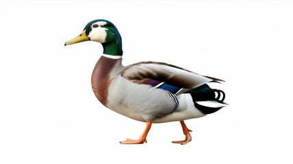 Obraz premium Mallard duck walking isolated on white background, showcasing its vibrant plumage and distinctive features in a clean and minimalist composition