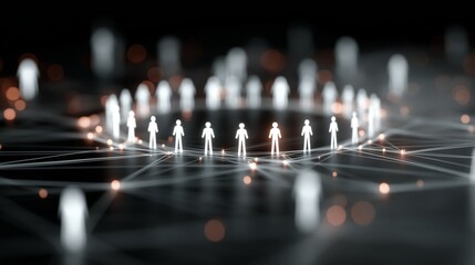 Human Figures Arranged in Circular Formation with Glowing Interconnecting Lines and Nodes, expressing Digital Social Structure, Communication Flow, and Conceptual Network Unity