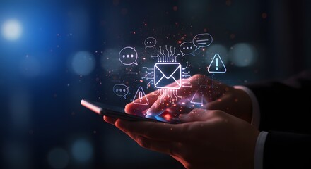 Digital Communication and Technology Concept: Hand Holding Smartphone with Holographic Interface