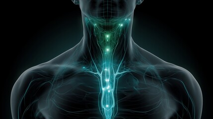 Semi‑Transparent Human Neck and Chest Anatomy Highlighting Glowing Blue‑Green Vagus Nerve Pathways and Ganglia, illustrating Autonomic Regulation and Biological Connectivity in Detail