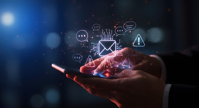 Digital Communication and Technology Concept: Hand Holding Smartphone with Holographic Interface