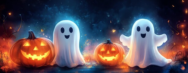 Festive Halloween scene with playful ghosts and carved pumpkins glowing in the dark.
