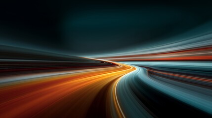 Sweeping Orange, Red, and Blue Light Trails Curving toward Vanishing Point in Dark Tunnel‑Like Space, expressing Speed, Directional Flow, and High‑Impact Visual Energy in Motion Perspective