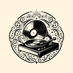 Obraz premium Monochrome illustration of a vintage record player with decorative musical notes.