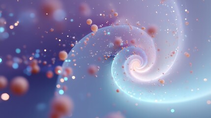 Radiant Spiral Pattern Extending Inward with Surrounding Multicolor Spheres over Purple‑Blue Gradient, evoking Mathematical Harmony, Spatial Depth, and Abstract 3D Motion