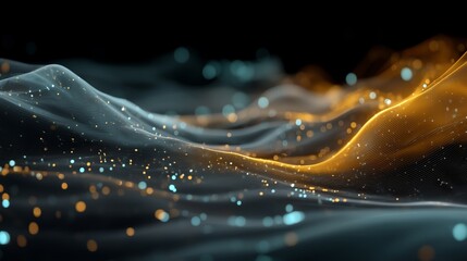 Particle‑Based Surface with Blue Tones on Left and Orange Tones on Right, intersected by Glowing Points, representing Data Flow, Network Connectivity, and Digital Energy Transmission