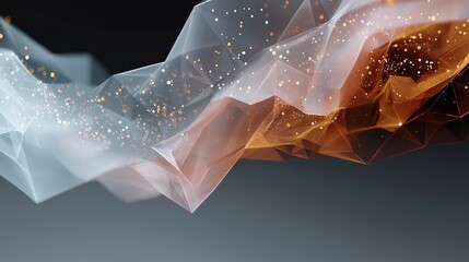 Translucent Polygonal Wave Transitioning from White to Amber with Scattered Glowing Particles over Dark Gradient, expressing Digital Motion, Structural Fluidity, and Abstract Energy Flow