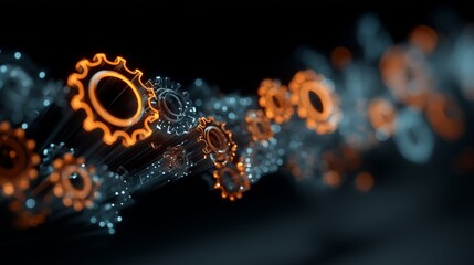 Floating Gear Network in Orange and Blue with Luminous Connective Lines over Dark Space, highlighting Mechanical Interaction, Systemic Motion, and Technological Precision in Abstract Form