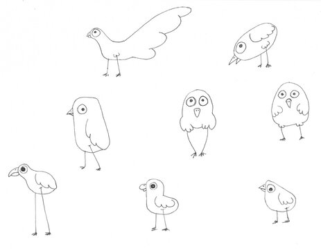 Oiseaux dr&ocirc;les, mignons, stylis&eacute;s dessin&eacute;s aux traits en noir et blanc