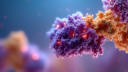 Dense Molecular Clusters in Purple and Orange with Illuminated Red Regions over Soft Background, representing Biochemical Activity, Structural Interaction, and Microscopic Scientific Detail