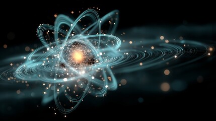 Glowing Atomic Nucleus Surrounded by Elliptical Electron Paths with Blue Trails and Particles over Dark Field, illustrating Fundamental Structure, Energetic Motion, and Scientific Visualization