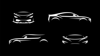 Minimalist car silhouette vector set. Collection of sleek white sports car outlines on a black background © Kuat