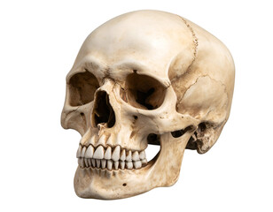Obraz premium A detailed human skull model showcasing intricate bone structure and dental features for educational purposes.