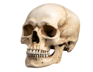A detailed human skull model showcasing intricate bone structure and dental features for educational purposes.
