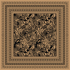 Obraz premium Square intricate decorative black and beige floral scarf pattern with detailed borders, featuring leaves, flowers, and decorative motifs throughout.