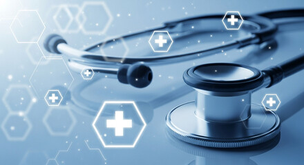 Stunning modern stethoscope with glowing medical icons symbolizes healthcare innovation and advanced technology