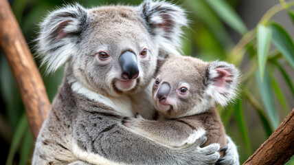 Naklejka premium A heartwarming image of a mother koala bear embracing her baby in a lush eucalyptus forest, showcasing the tender bond between them