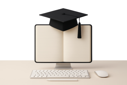 Desktop computer setup with an open notebook and graduation cap for online learning monitor screen isolated on a transparent background - Powered by Adobe