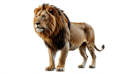 Obraz premium Majestic lion standing tall isolated on white background, showcasing its powerful presence and regal beauty in a captivating portrait