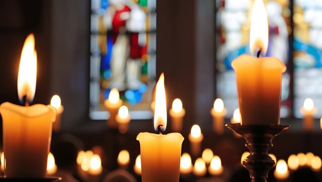 burning candles in church,Burning Candles in Church Creating Peaceful Sacred Atmosphere, Prayer Burning Candles in Church Symbolizing Faith and Hope, Burning Candle Flames in Dark Church 