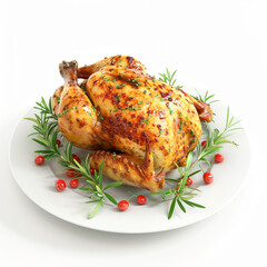 Roasted Chicken on Plate with Garnish on White Background.