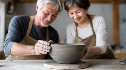 Senior couple engaged in pottery making, shaping a clay bowl together on a pottery wheel, showcasing teamwork and creativity in a bright, artistic studio environment