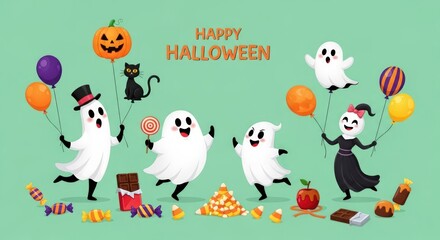 Fototapeta premium Cute ghosts and candies celebrate Happy Halloween with balloons and cheerful treats for spooky season fun