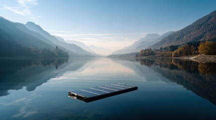 serene lake solar panels mountains