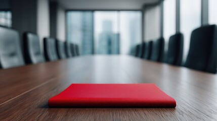 US banking system meeting, A sleek red notebook rests on a polished conference table in a modern meeting room, with tall windows revealing a city skyline in the background.