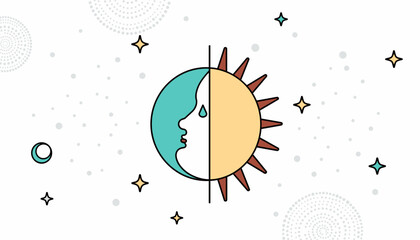 An abstract icon of the sun and moon in the form of a face, symbolizing the spring equinox, in a minimalist design.