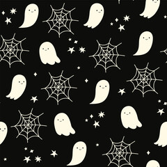 Happy Halloween vector seamless pattern. Cute dog, pumpkin, ghost on a black background. Dog print in flat style.