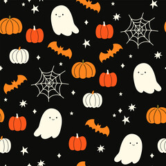 Happy Halloween vector seamless pattern. Cute dog, pumpkin, ghost on a black background. Dog print in flat style.