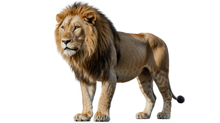 Obraz premium A majestic male lion standing on a white background isolated on white background the lion is looking to the left and has a big mane