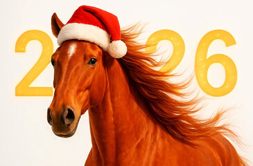 A beautiful red horse in a red Santa Claus hat on a light background, greeting card with the symbol of the year 2026.